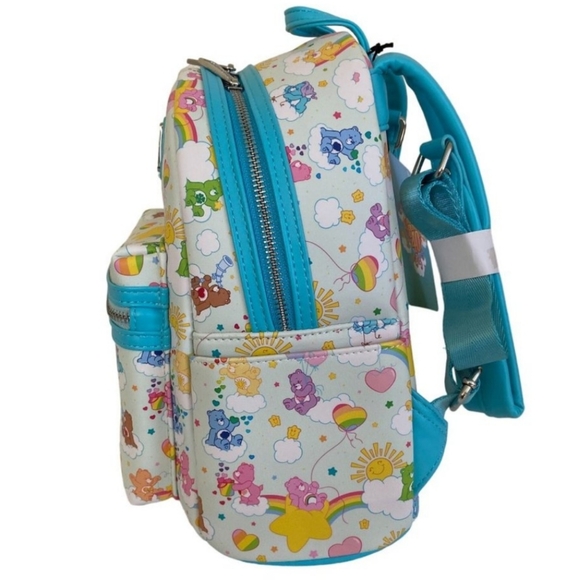 Loungefly Care Bears AOP Rainbow & Clouds Mini Backpack, White & Turquoise, NEW